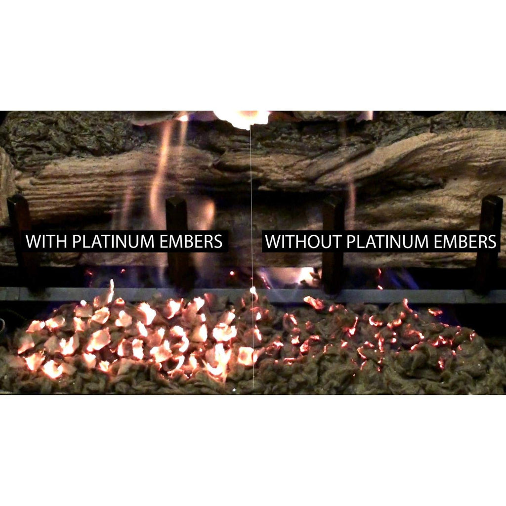 Fire pit with glowing embers in a log bed, with platinum embers