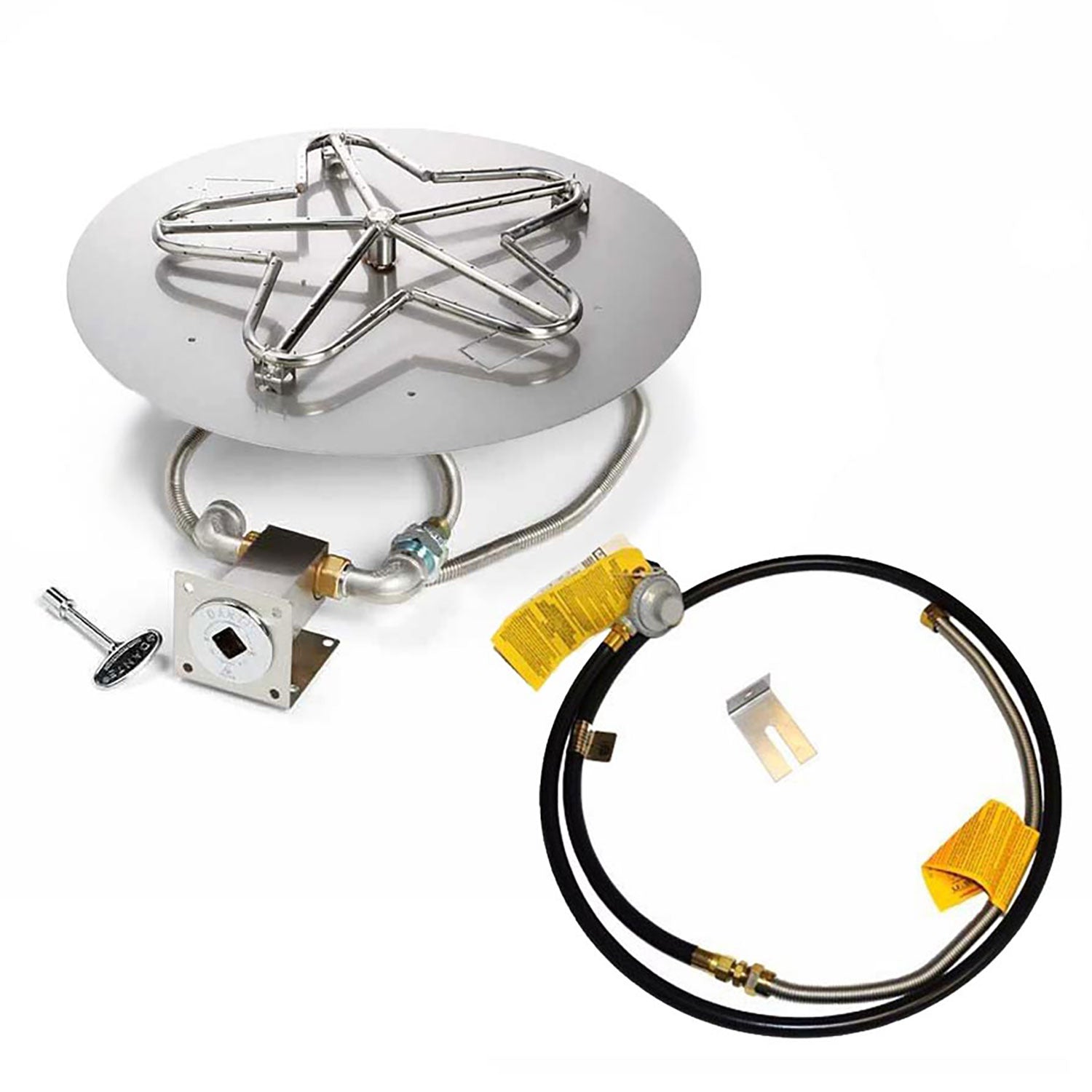Gas fire pit burner kit with stainless penta burner, valve box, and black hose with fittings