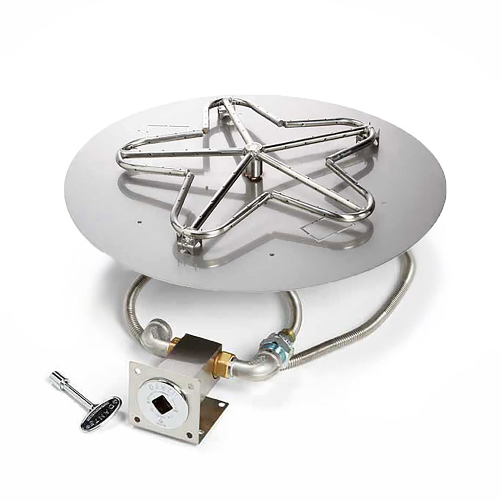 Gas fire pit burner kit with round pan, stainless penta burner, valve box and gas line