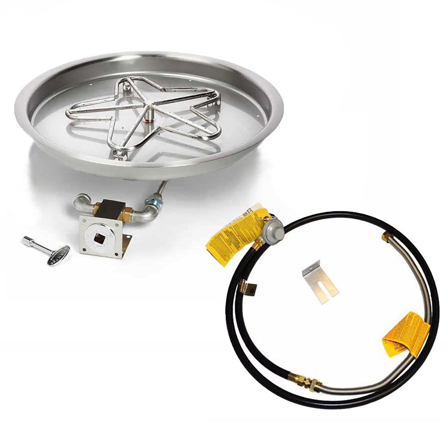 Round stainless fire pit burner pan with metal grate, valve box, and black fuel hose