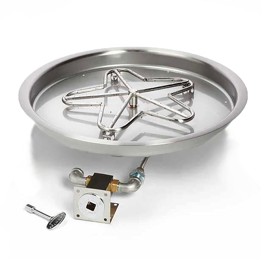 Round stainless fire pit burner pan with metal burner rack and propane gas control hardware