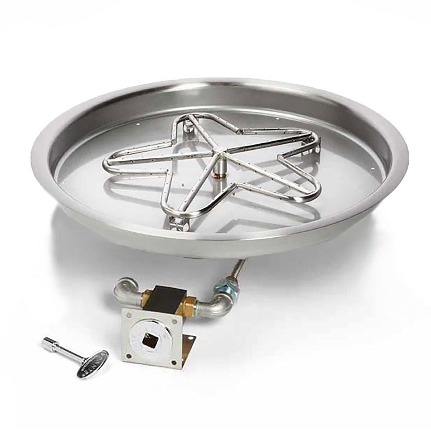 Round stainless fire pit burner pan with metal burner rack and propane gas control hardware