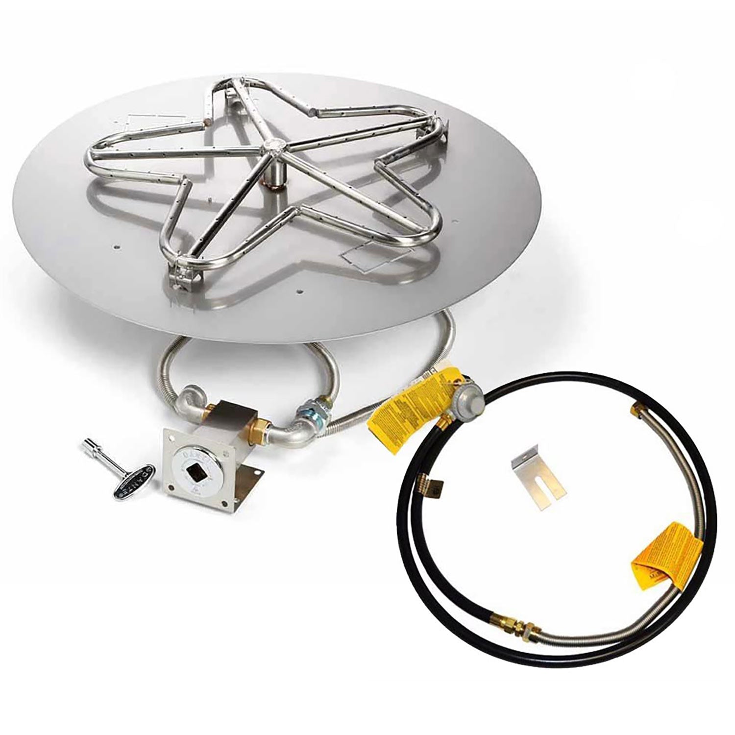 Gas fire pit burner kit with round pan, metal burner frame, hose and brass fittings