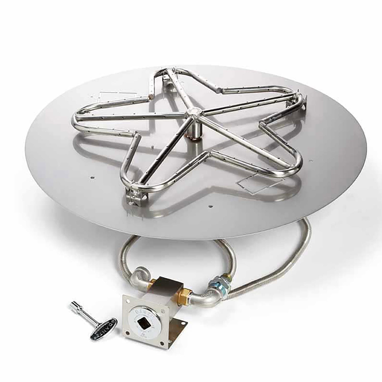 Gas fire pit burner kit with round pan, stainless penta burner, and connected gas valve line