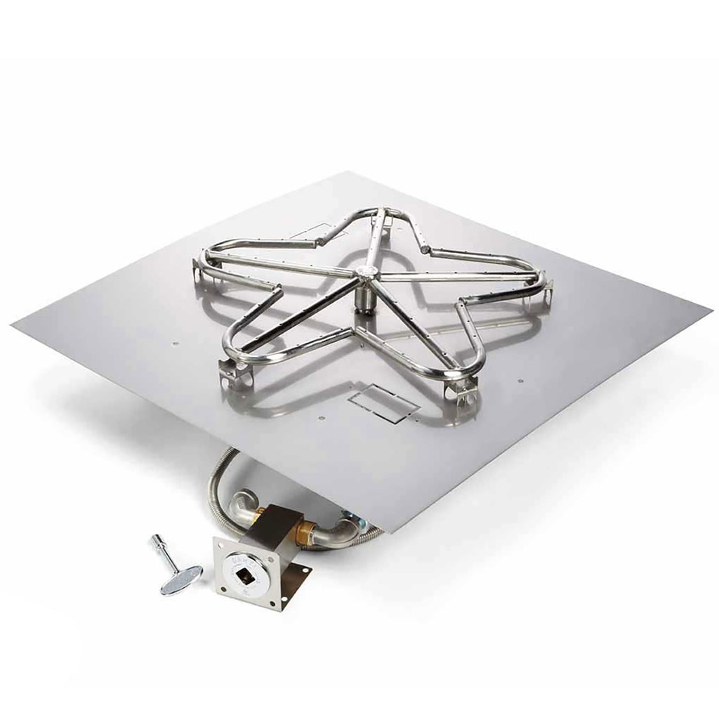 Square flat pan gas fire pit burner kit with multi-ring stainless base and valve