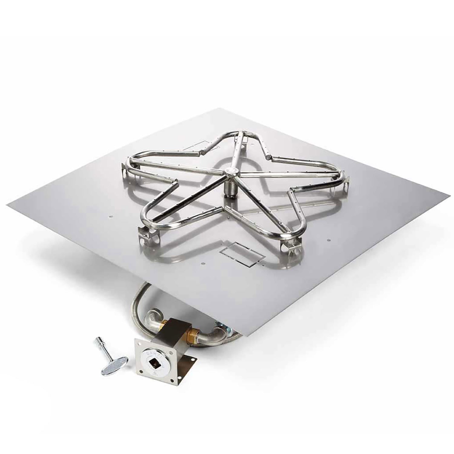 Square flat pan gas fire pit burner kit with multi-ring stainless base and valve