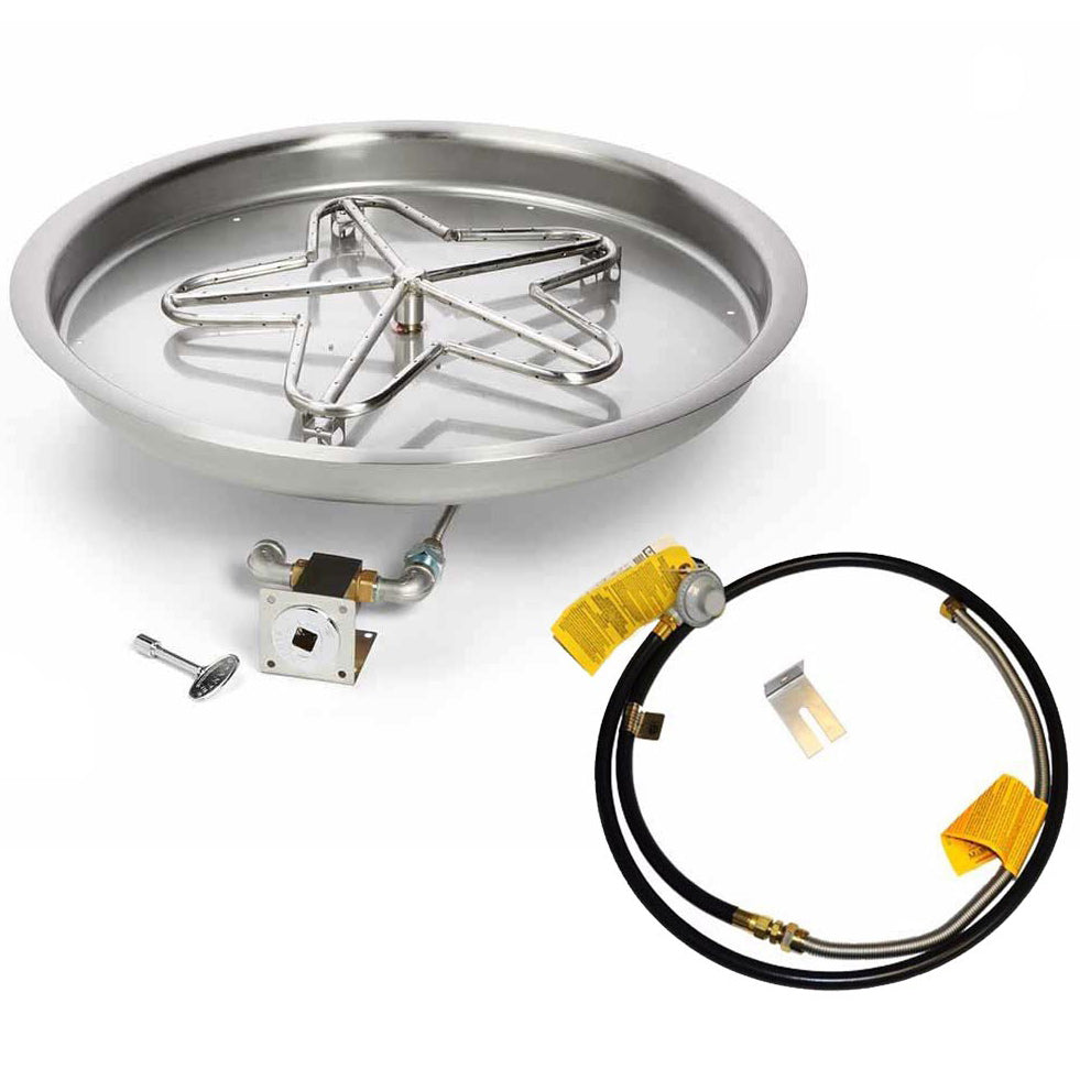 Round stainless fire pit burner pan with burner grate, valve control, and yellow-tipped hose