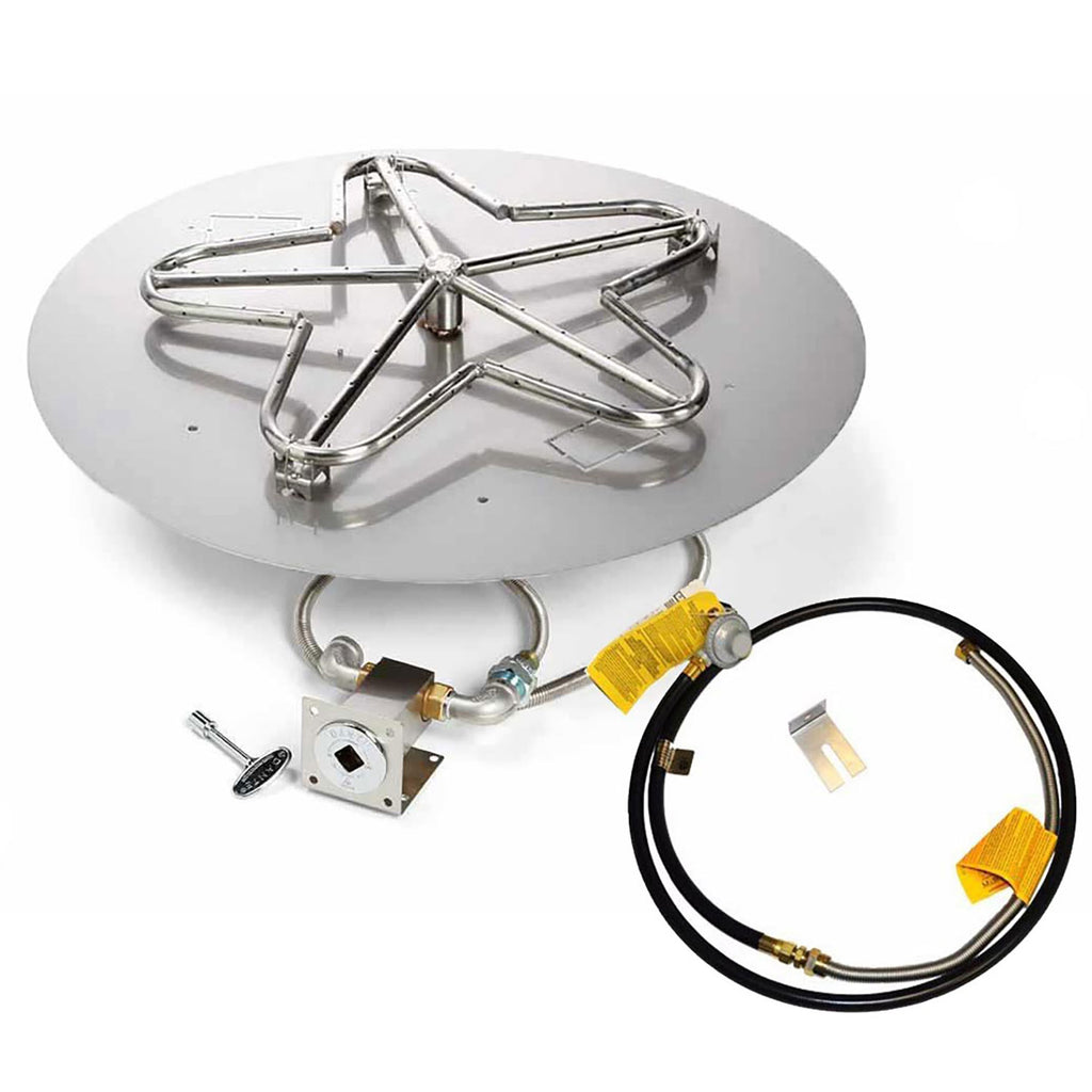 Gas fire pit burner kit with round pan, stainless penta burner, valve and black gas hose