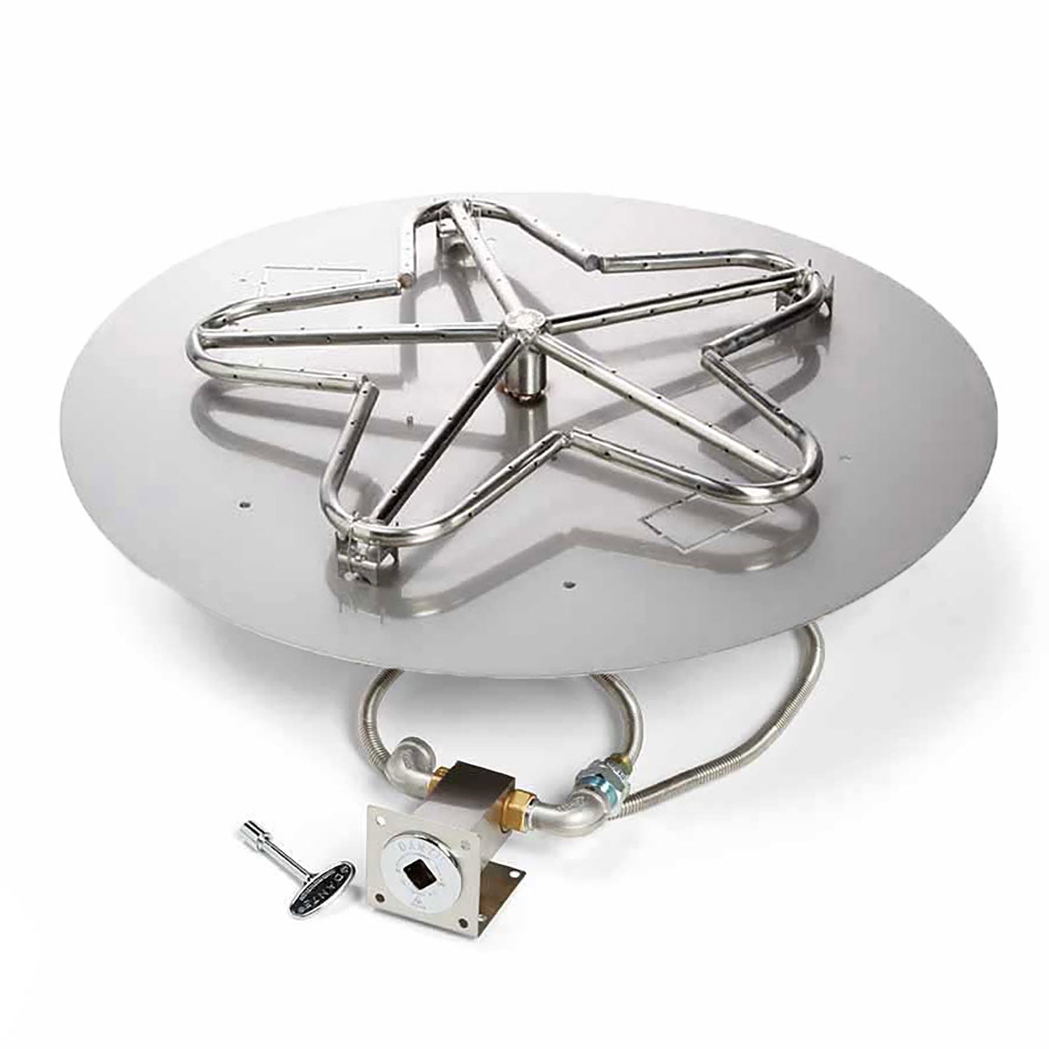Gas fire pit burner kit with round flat pan and stainless penta burner with attached line