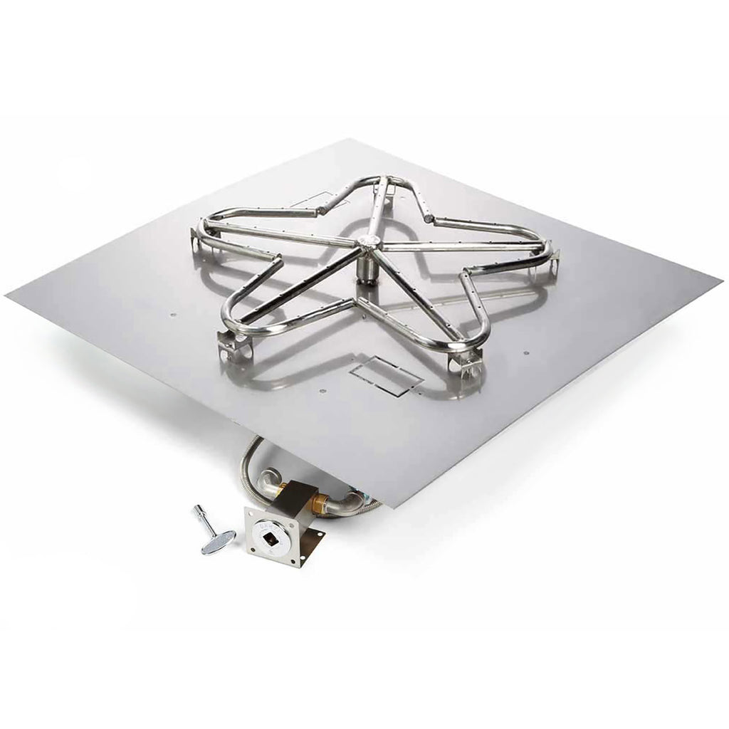Gas fire pit burner kit with square pan and stainless star-shaped burner frame