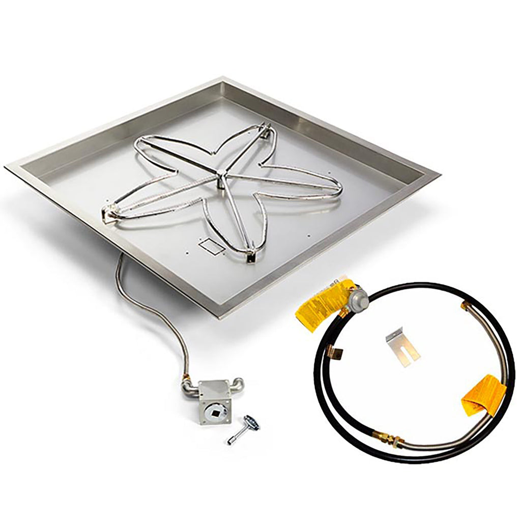 Square gas fire pit burner pan kit with igniter valve and black fuel hose