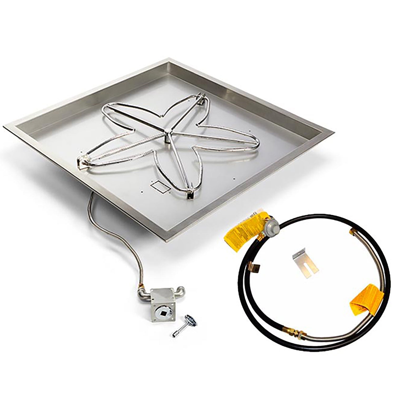 Square gas fire pit burner pan kit with igniter valve and black fuel hose
