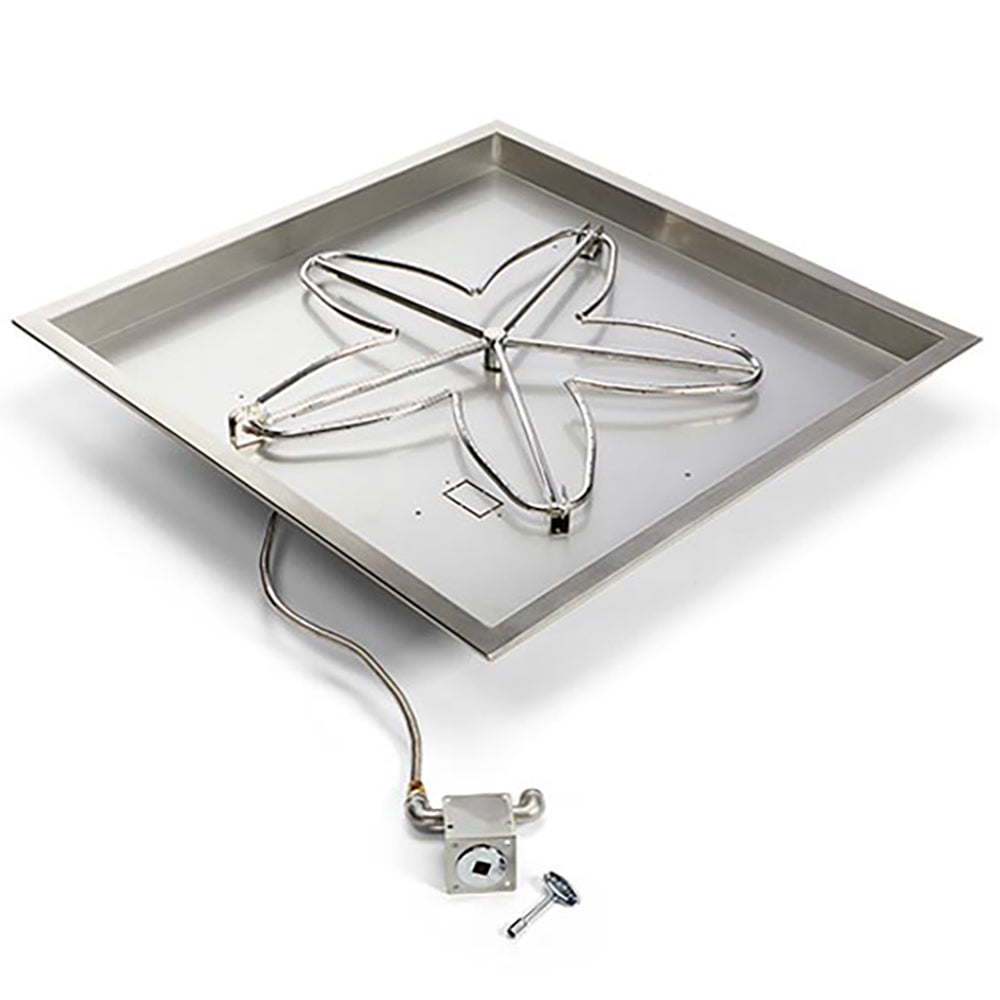 Square gas fire pit pan with penta burner and valve, stainless steel