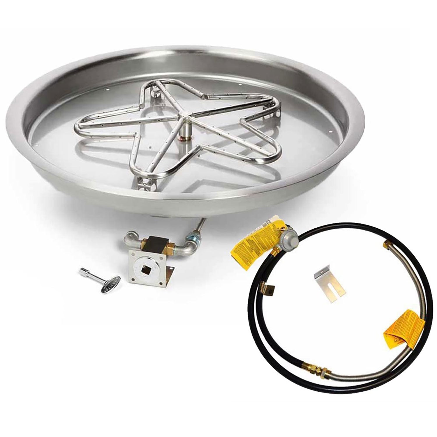 Stainless steel fire pit burner kit with gas hose, regulator, valve, and burner grate