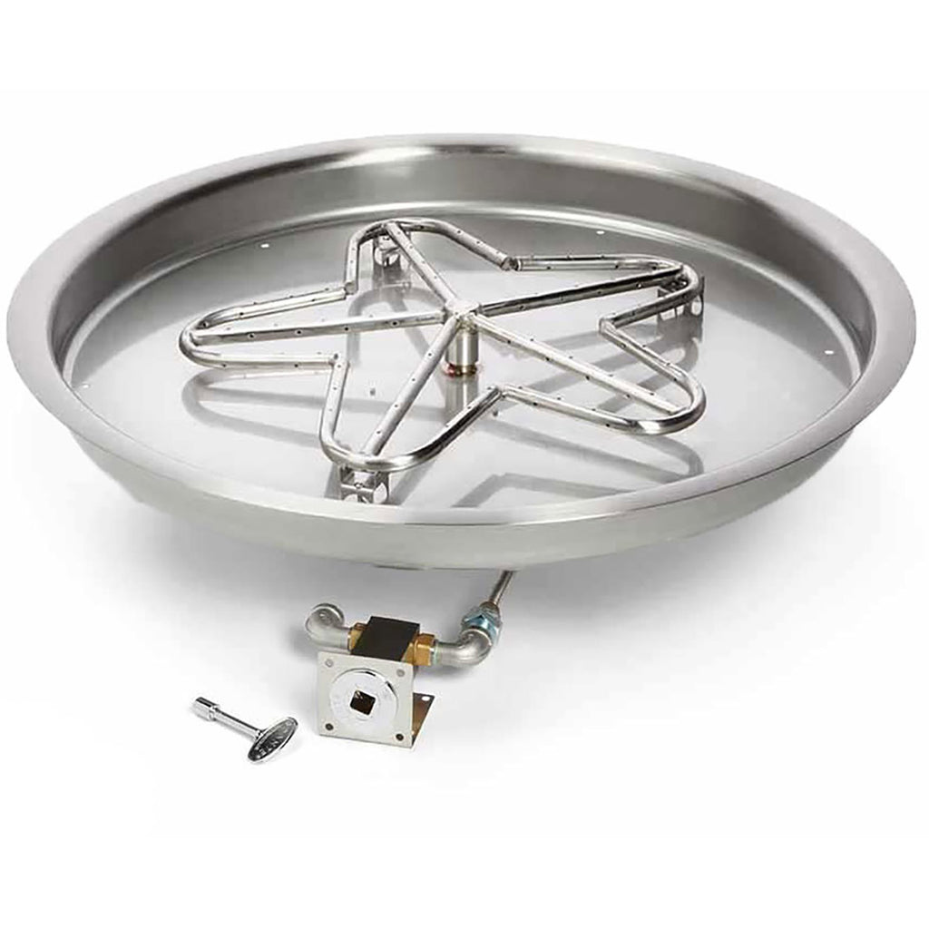 Round stainless fire pit burner pan with burner ring and attached gas ignition valve