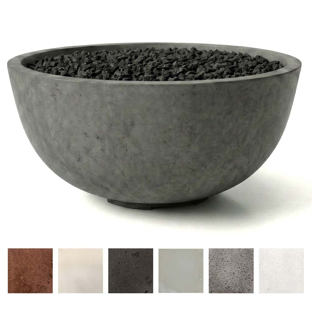 Gray concrete gas fire pit bowl with pebble-style lava rocks and open top