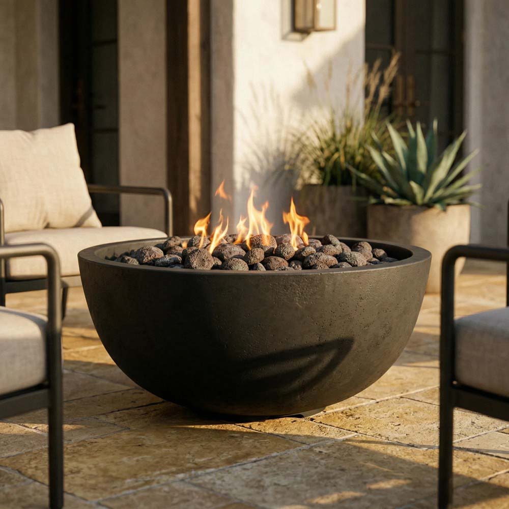 Dark gray concrete gas fire pit bowl with visible flames and black lava rocks
