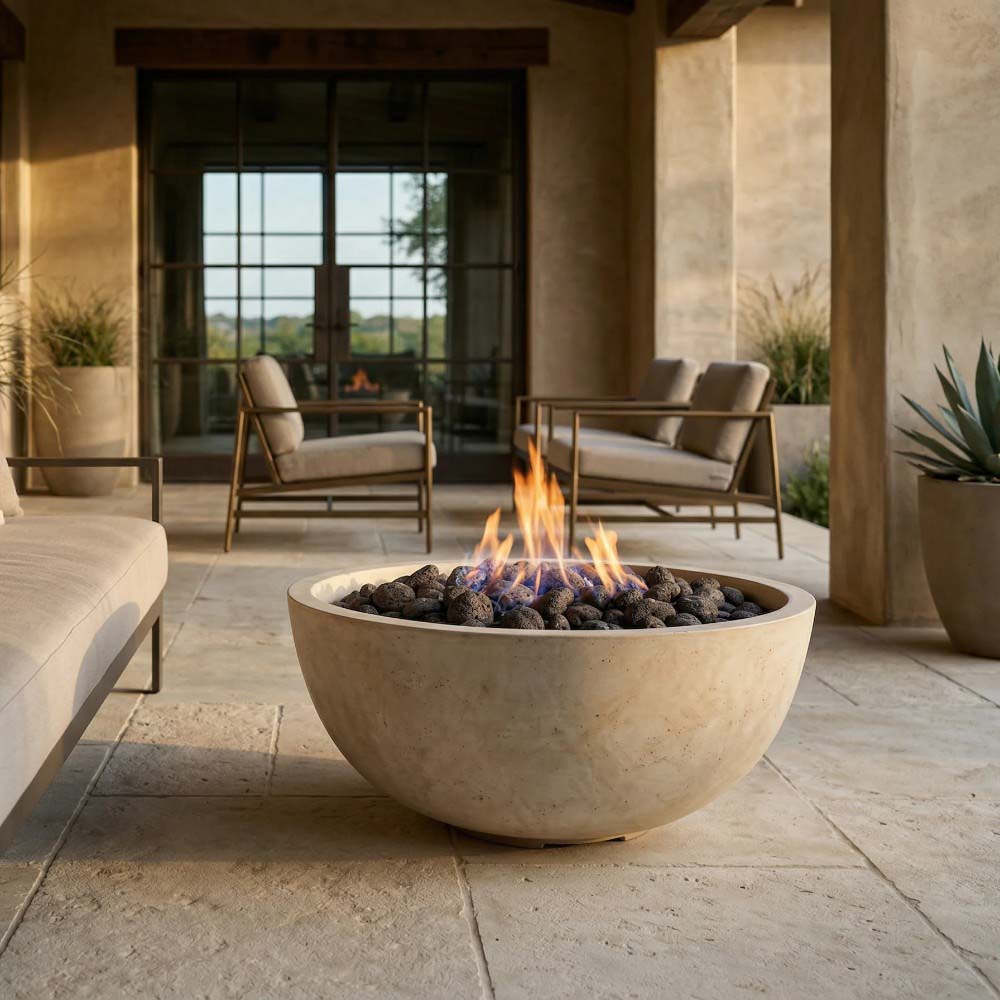 Light stone concrete gas fire pit bowl with flames burning over dark lava rocks