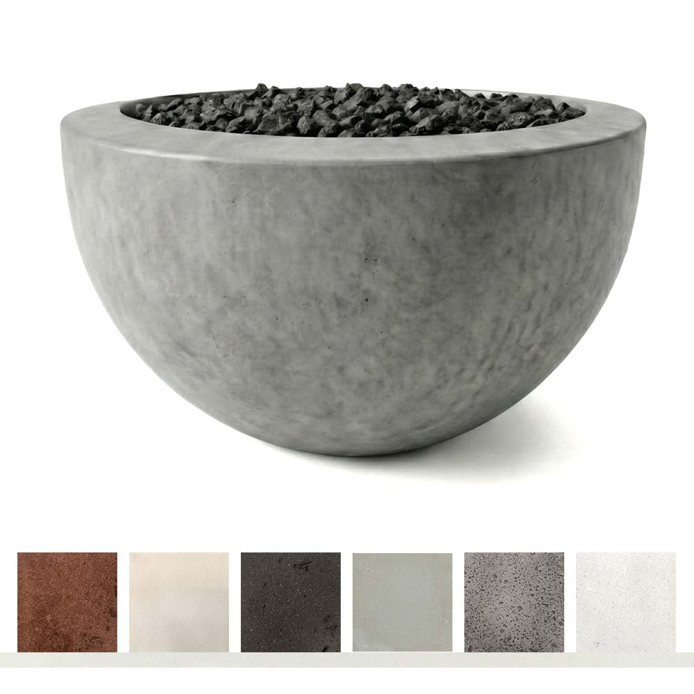 Gray concrete gas fire pit bowl with open top and black fire media