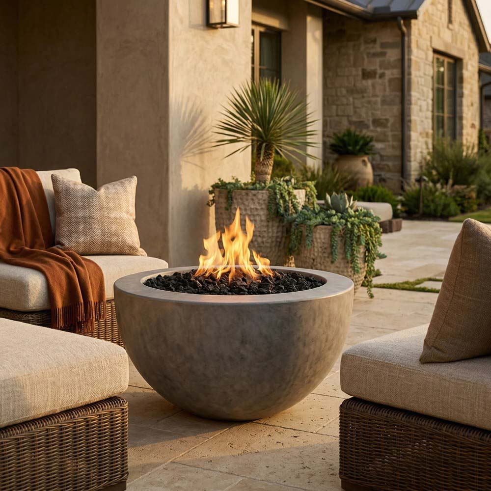 Light gray concrete gas fire pit bowl with burning flames and black rocks