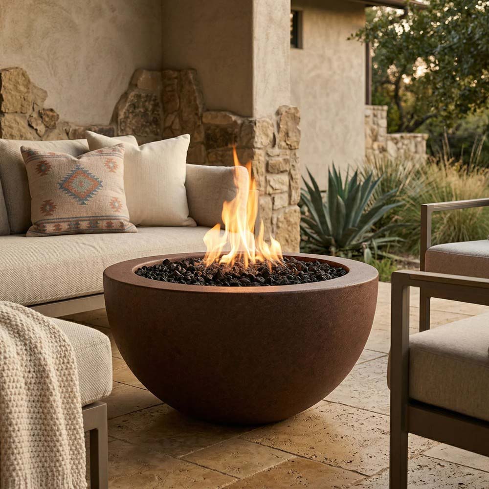 Brown concrete gas fire pit bowl with burning flames and black rocks