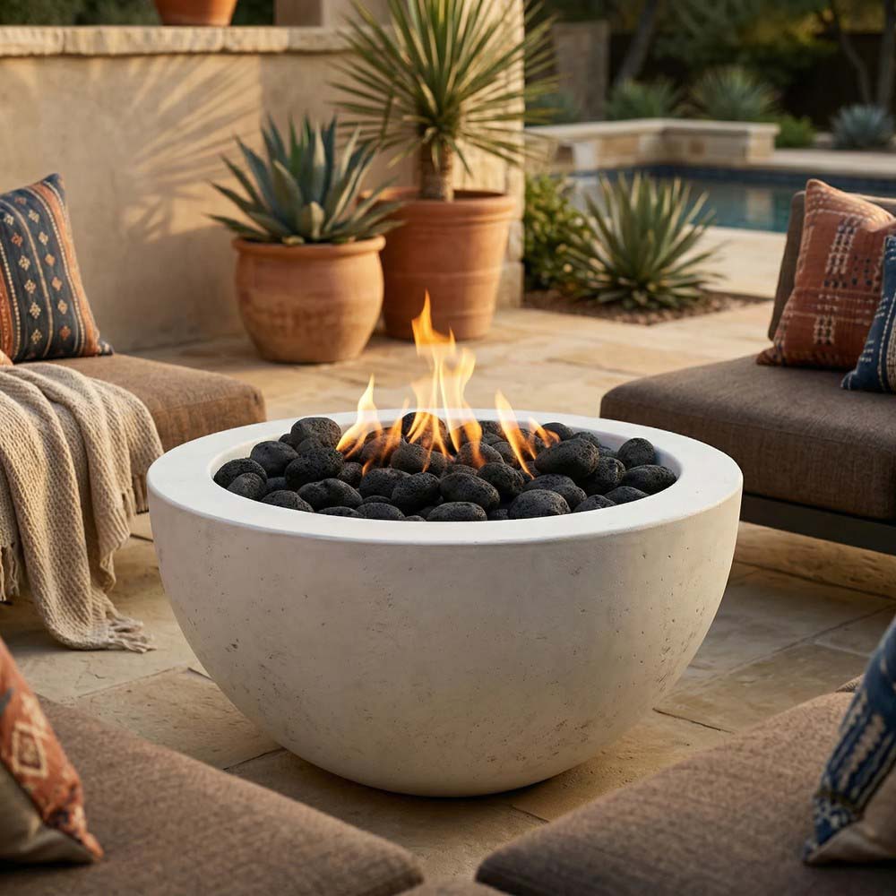 White concrete gas fire pit bowl with burning flames and black lava rocks