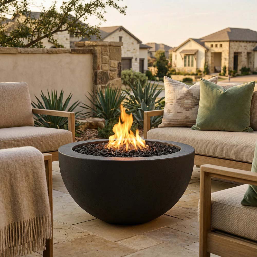 Concrete gas fire pit bowl with burning flames and dark fire media