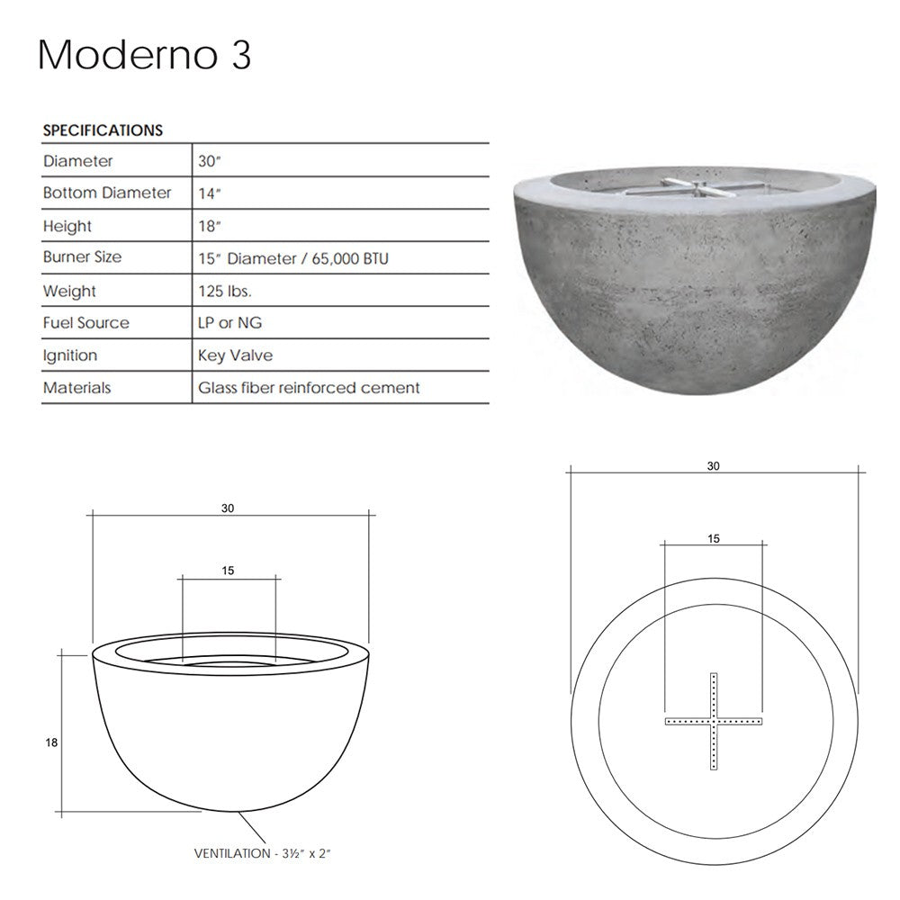 Moderno 3 concrete gas fire pit bowl with top and side dimensions