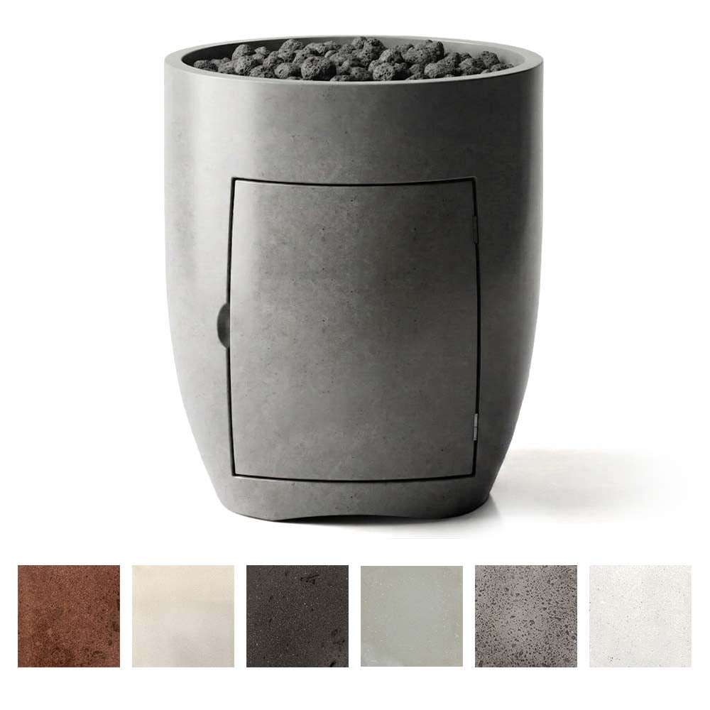 Gray concrete propane gas fire pit with rectangular front panel and stone burner