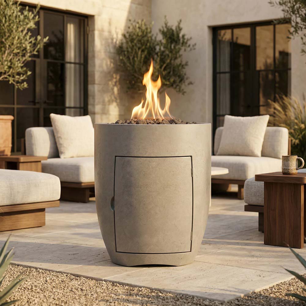 Light gray concrete propane gas fire pit with rectangular front panel and flame