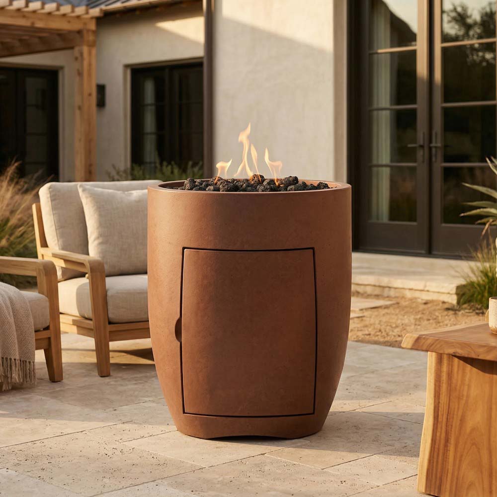 Brown concrete propane gas fire pit with rectangular front panel and visible flame