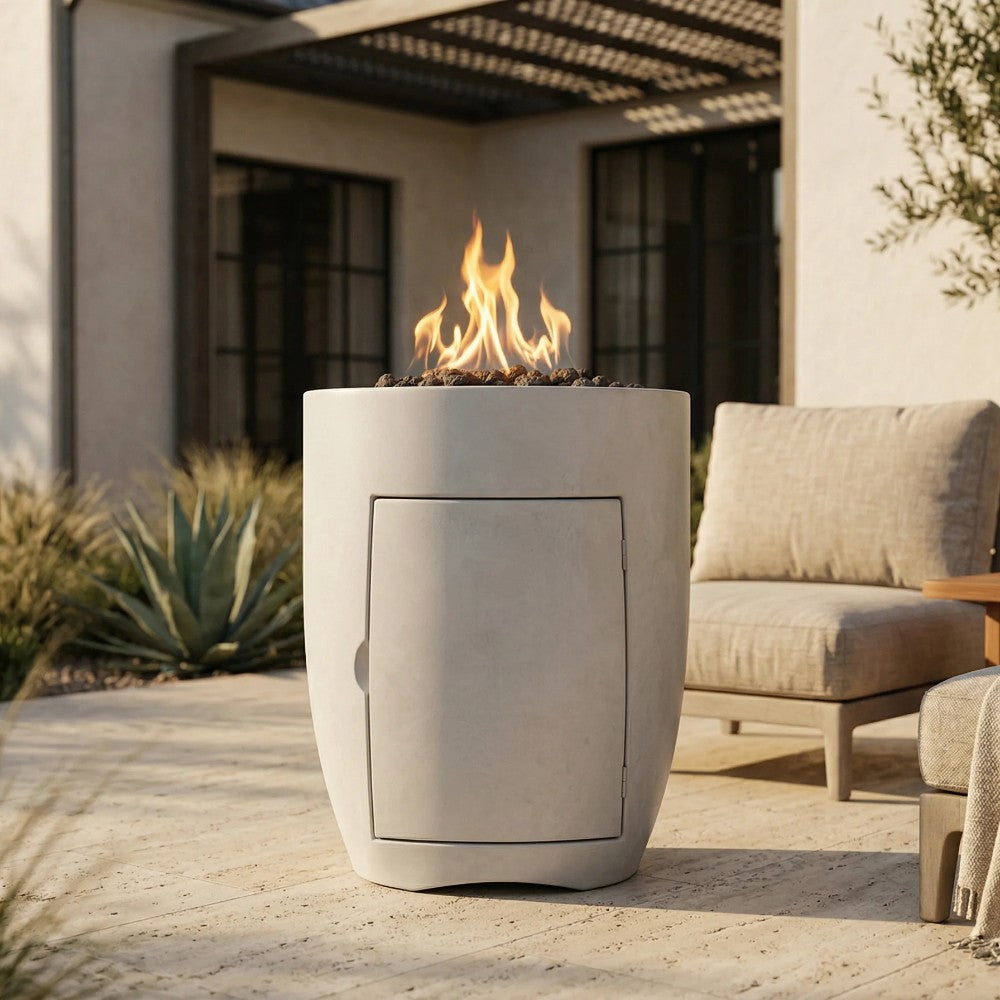 Cream concrete propane gas fire pit with rectangular front panel and burning flame