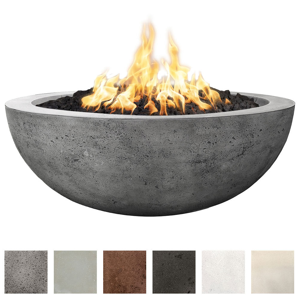 Close-up concrete gas fire pit bowl with flames; multiple color swatches
