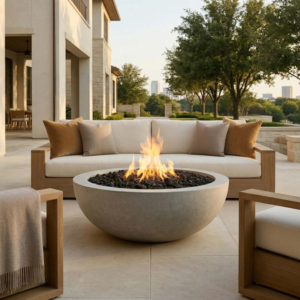 Concrete gas fire pit with open flames and dark lava rock in round bowl
