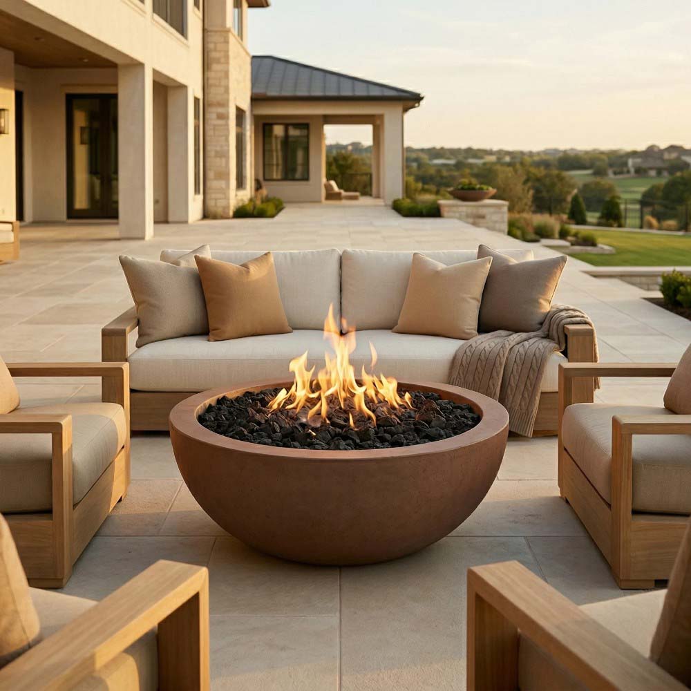 Concrete gas fire pit in round bowl with flames and dark lava rock