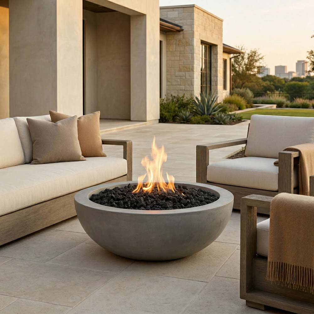 Gray concrete gas fire pit with burning flames in a round bowl