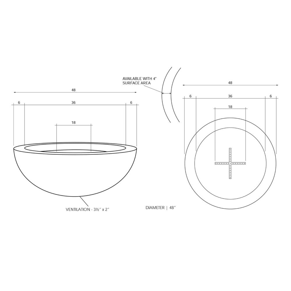 Round concrete gas fire pit diagram with dimensions and burner area