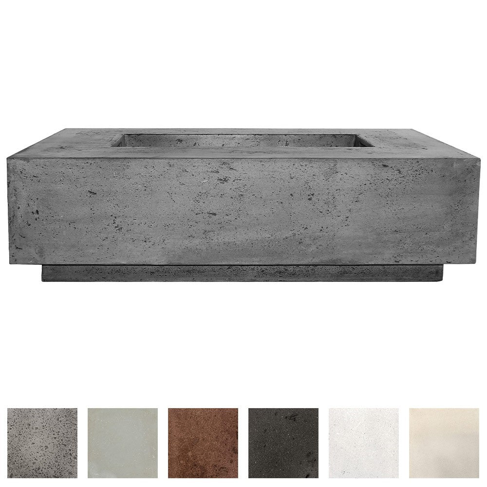 Gray concrete gas fire pit with square firebox and recessed top