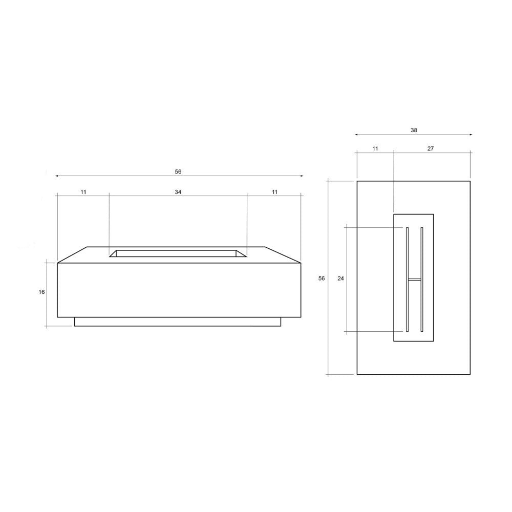 Concrete gas fire pit schematic with dimensions and burner opening