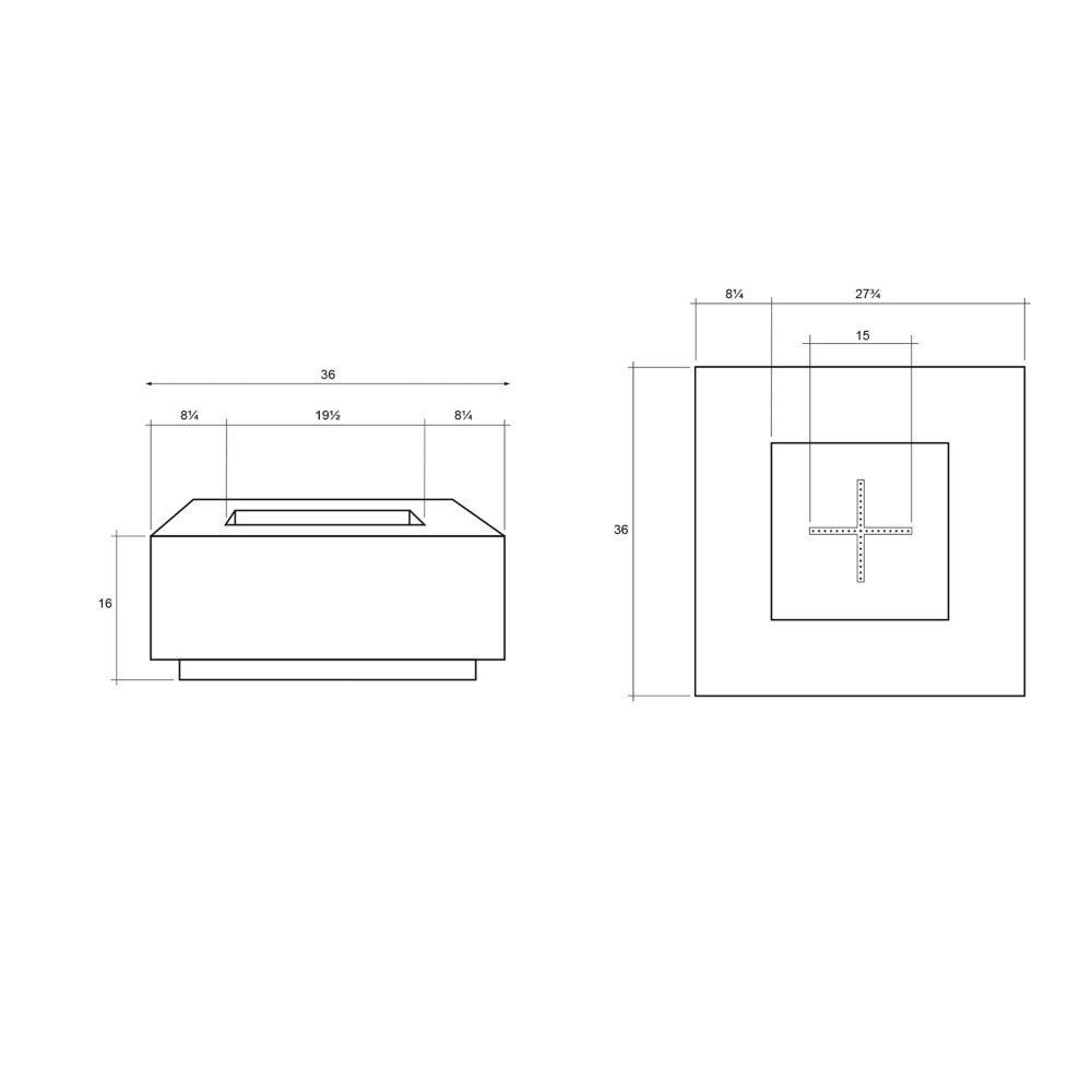 Concrete gas fire pit, 36x36-inch layout with burner placement and side dimensions diagram
