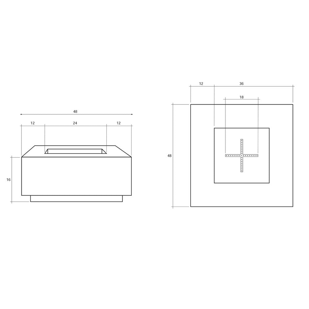 Concrete gas fire pit dimensions diagram, 48x48 in square top