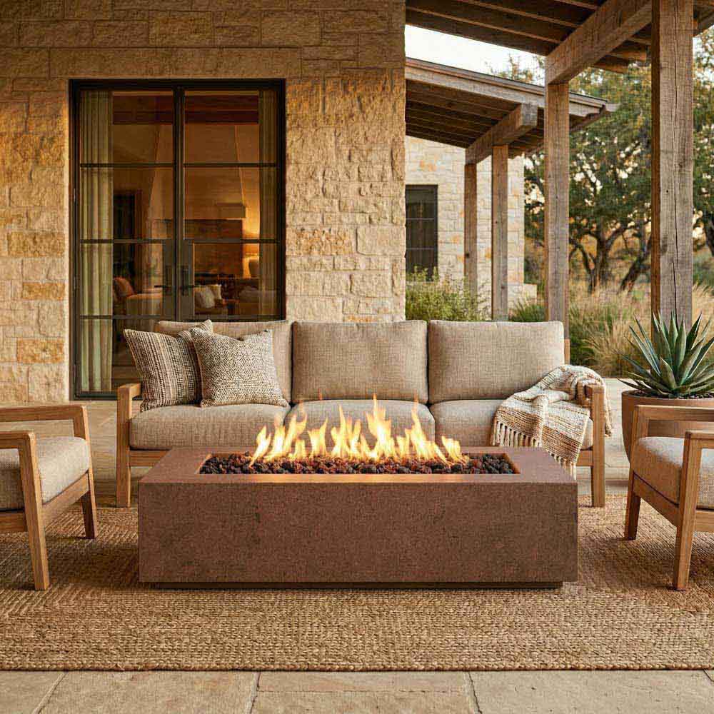 Concrete gas fire pit with visible flames in rectangular burner, dark grey