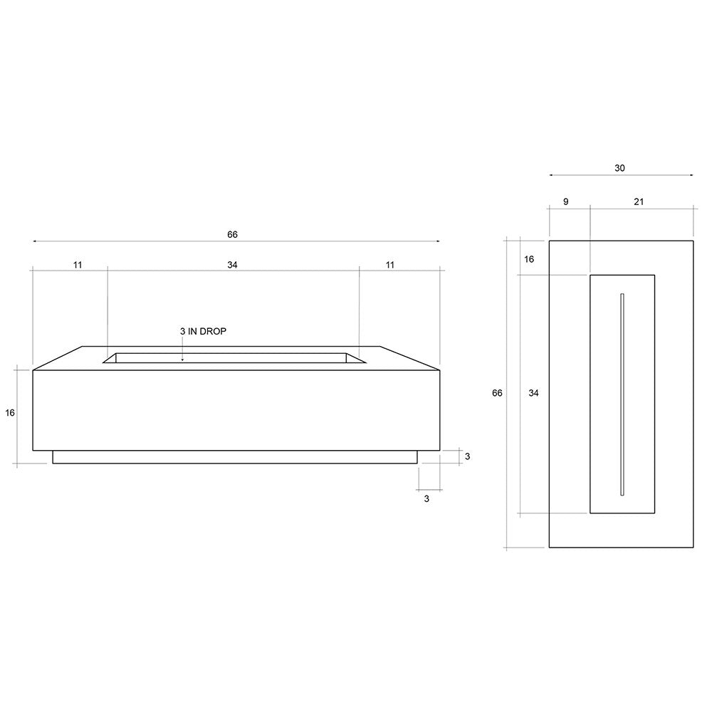 Slim concrete gas fire pit cutaway diagram with 66x30-inch dimensions