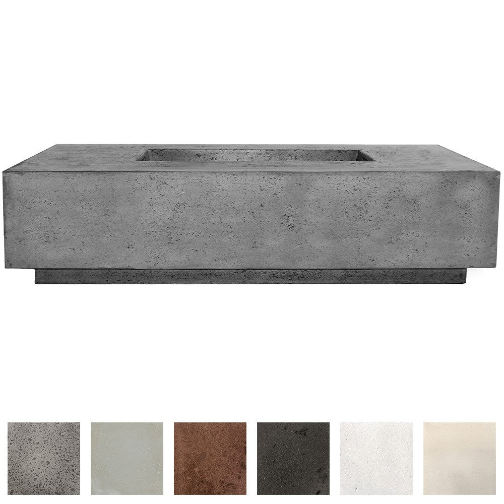 Gray concrete gas fire pit with square open burner top and recessed interior