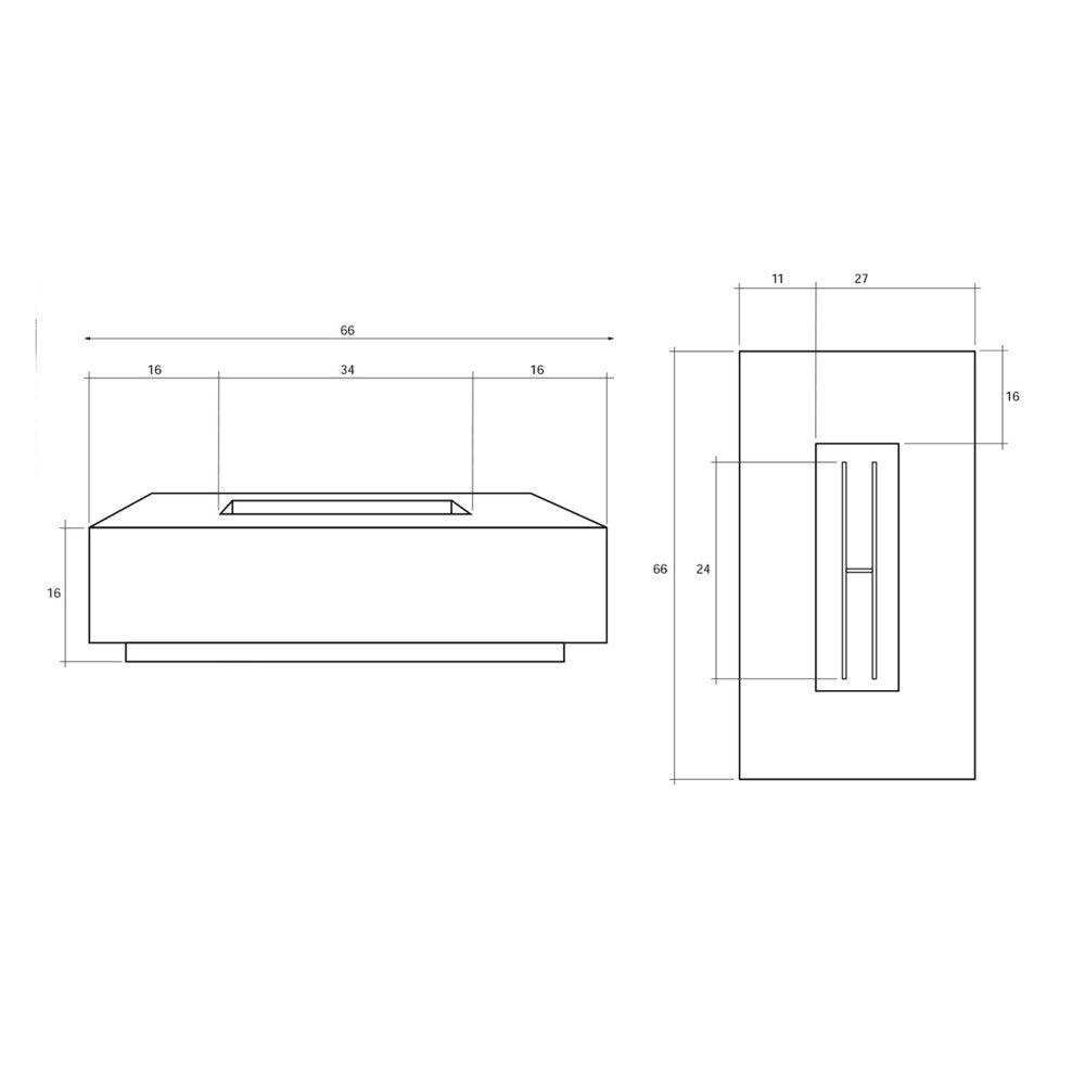 Concrete gas fire pit schematic with square bowl and long horizontal burner opening