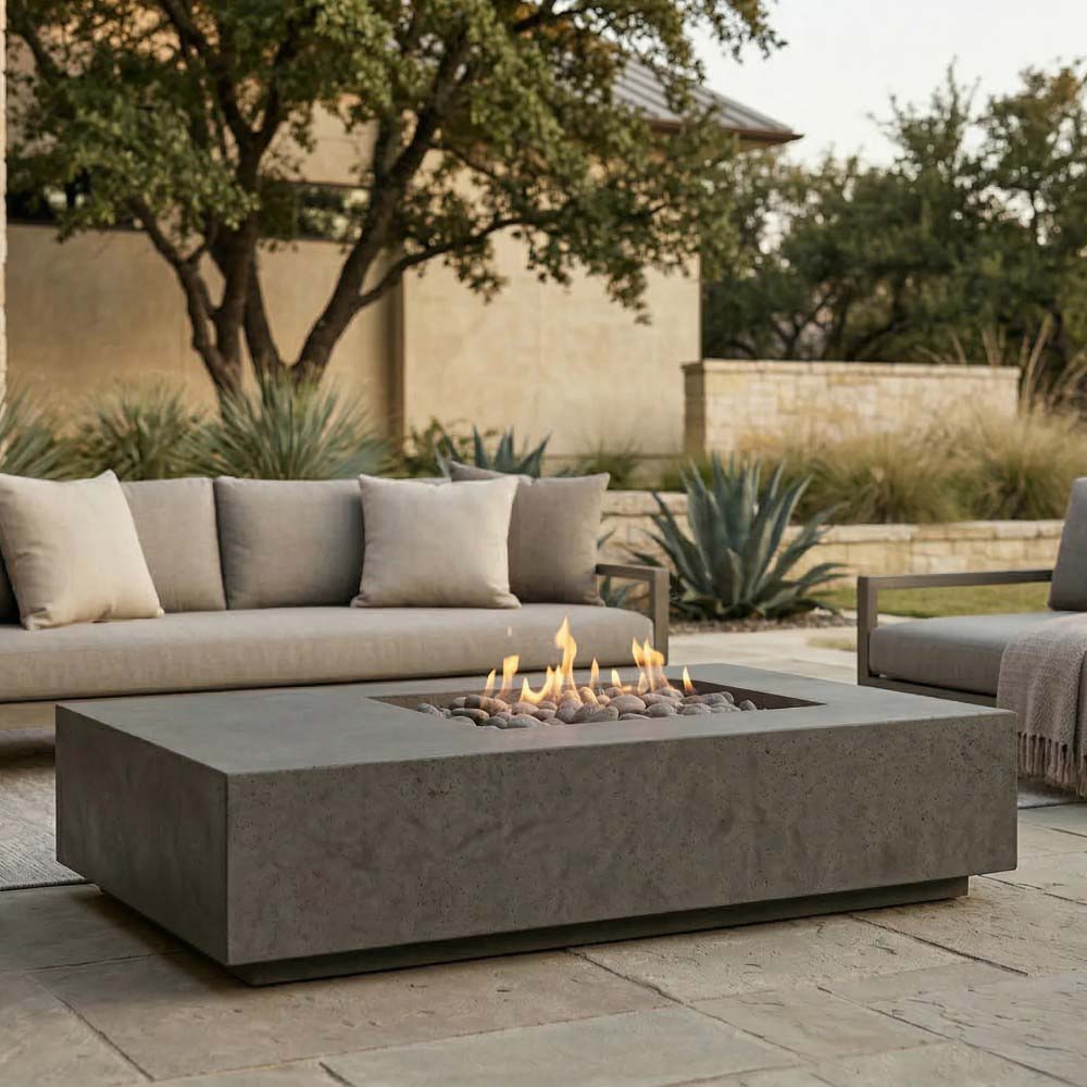 Rectangular concrete gas fire pit with flames, medium gray finish