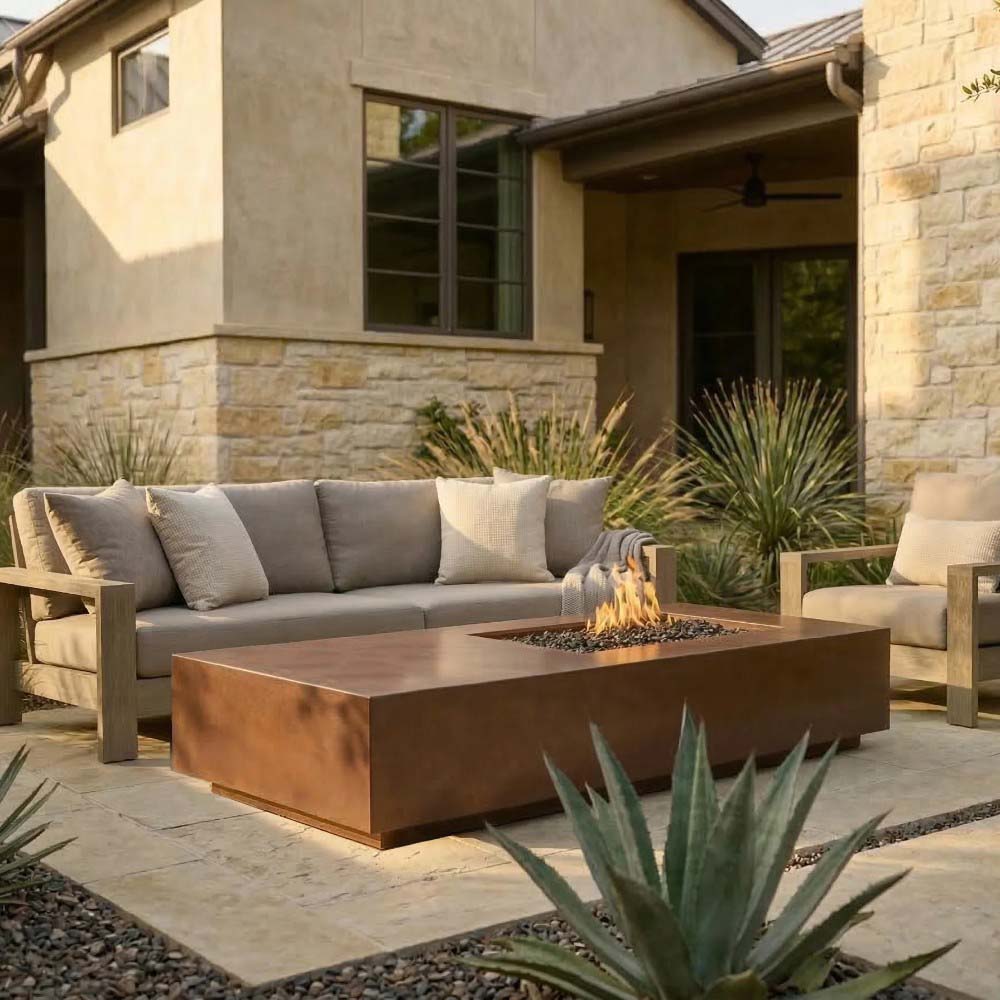 Rectangular concrete gas fire pit with built-in flame bowl, dark cafe brown finish