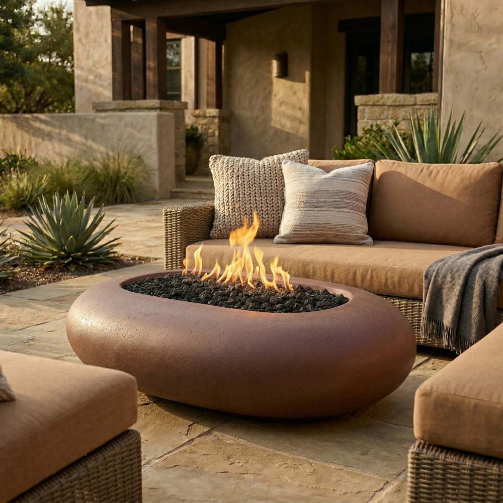 Oval pebble-concrete gas fire pit with small flames on dark pebble fire bed