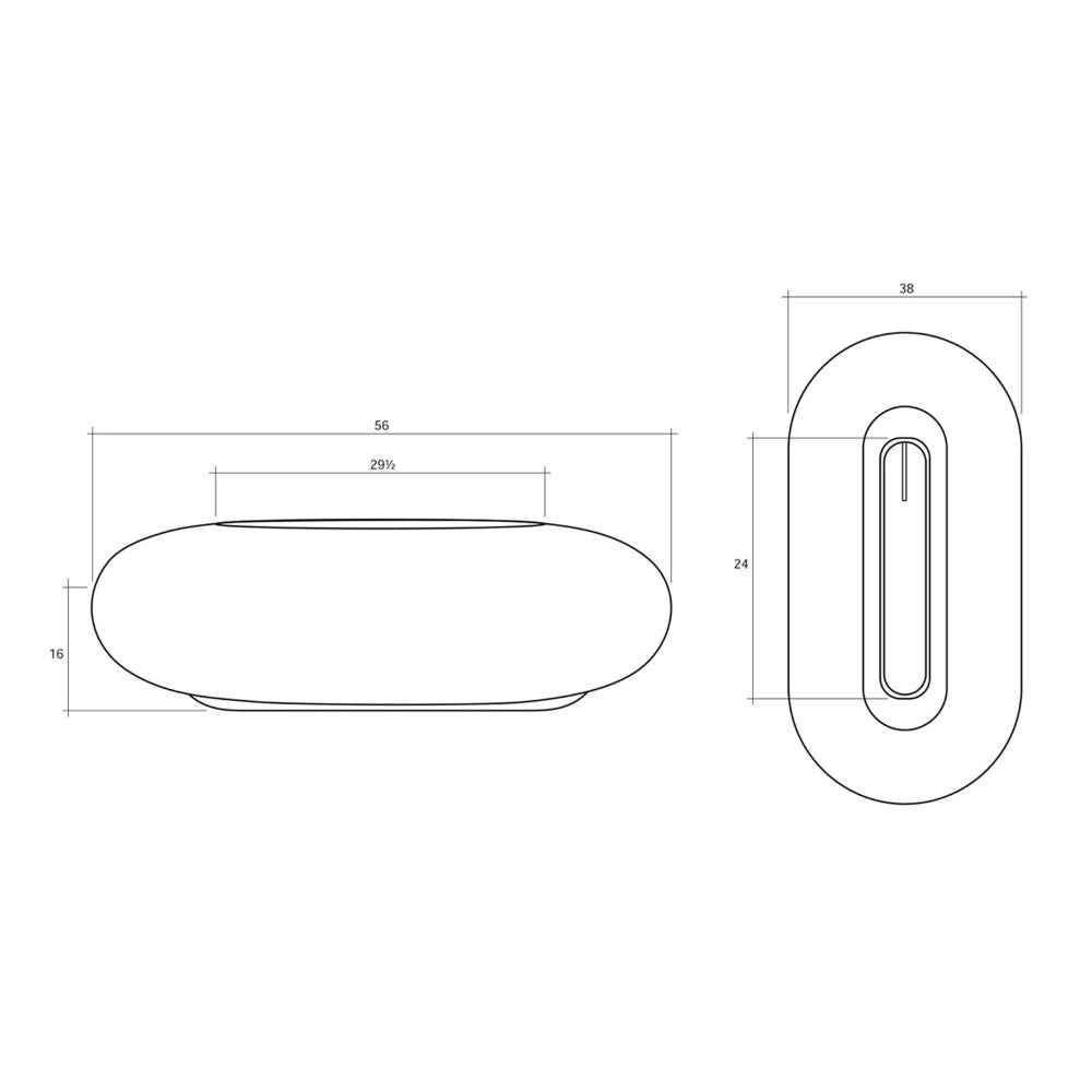 Pebble-concrete gas fire pit plan, oval fire bowl with side view dimensions 56x38