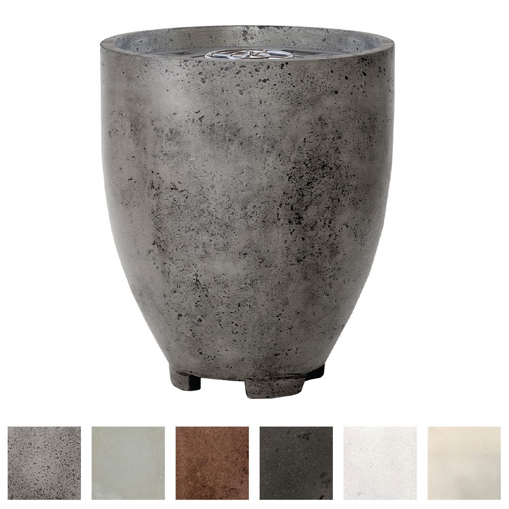 Gray concrete gas fire pit with burner opening; shows color swatch options